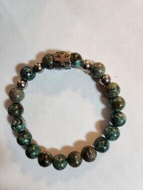 Hand Crafted African Turquoise Stretch Bracelet with Stainless Steel Cross Focal